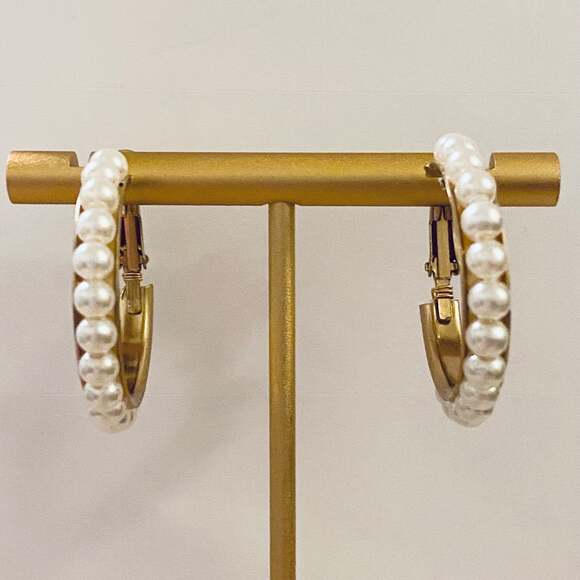 Pearl 1 1/4” Hoop Earrings - Picture 1 of 2